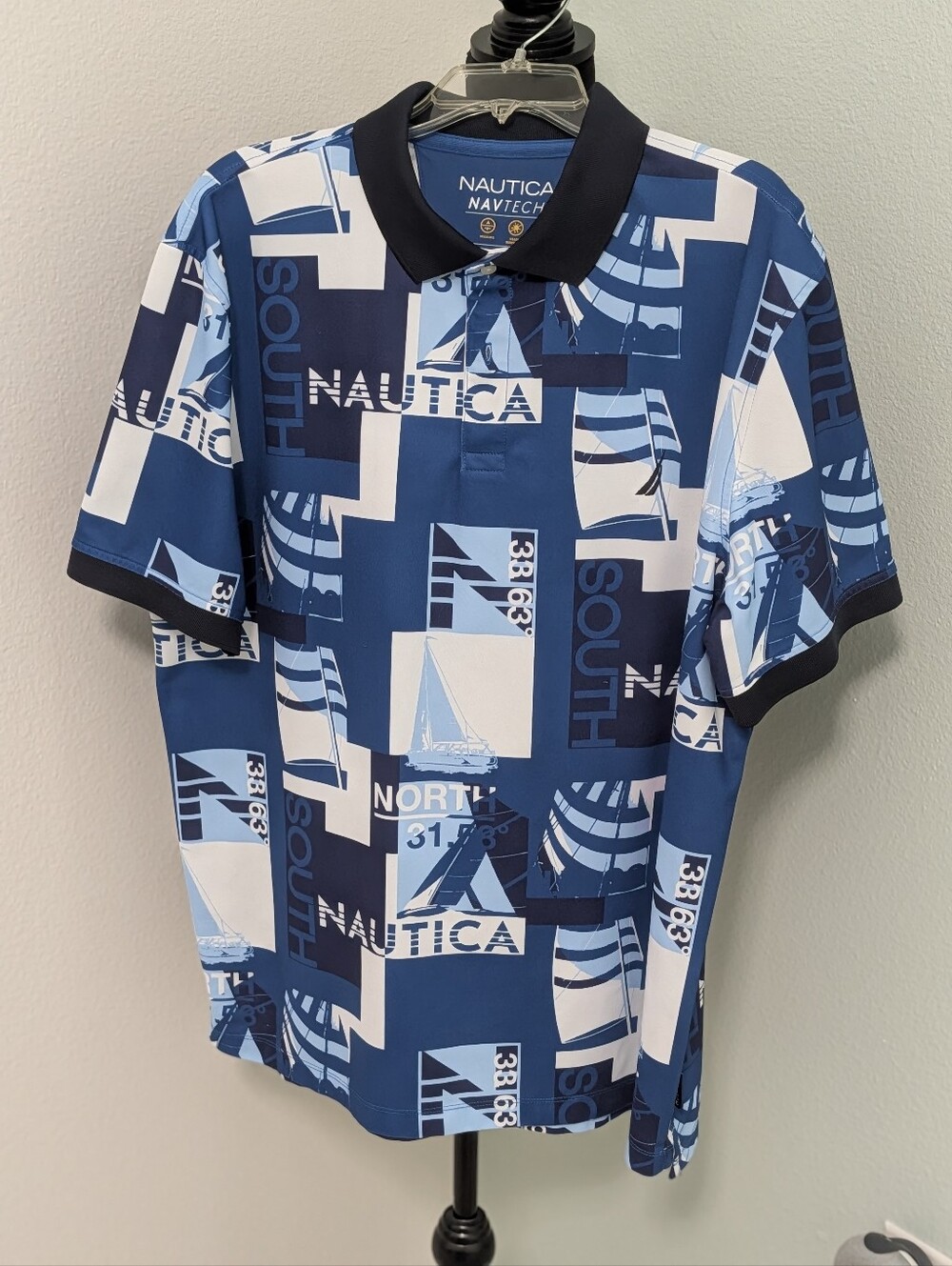 Nautica Navtech Sailboat Print Performance Polo Men’s XXL Blue White
